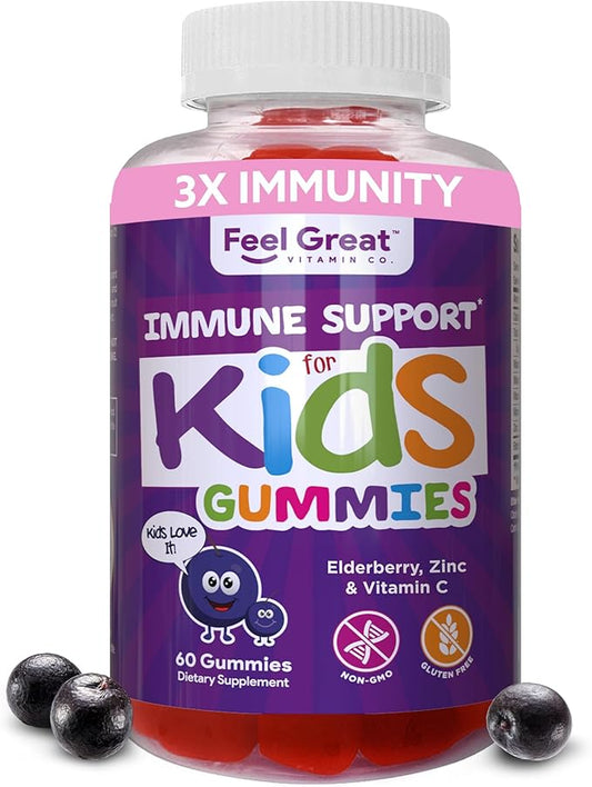 Feel Great Immune Support for Kids | Vitamin C Zinc & Elderberry Gummies | Sambucus Nigra Immunity Multivitamin | Vegetarian | 60 Day Supply