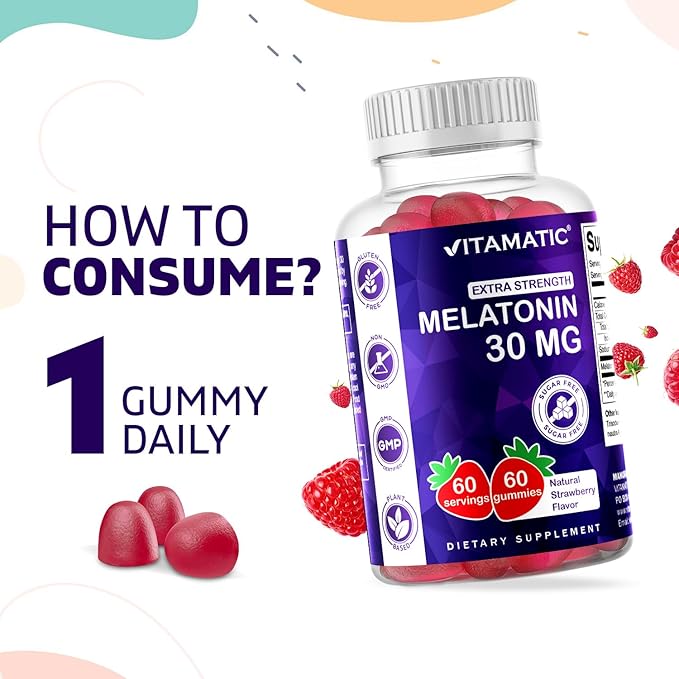 Vitamatic Sugar Free Melatonin 30mg per Gummy - 60 Servings - 60 Vegetarian Gummies - Non-Habit Forming Supplement (60 Count (Pack of 3))