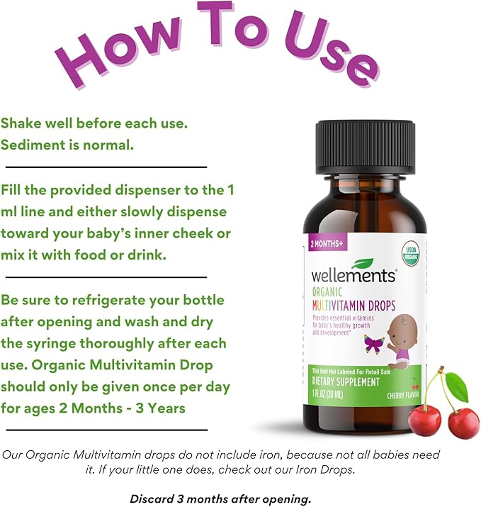 Wellements Organic Baby Multivitamin Drops (1 Fl Oz) - Cherry Flavor Liquid Multivitamins for Infants & Toddlers (2 Months+) - Toddler Vitamins for Immune Support*, Healthy Growth & Bone Development*
