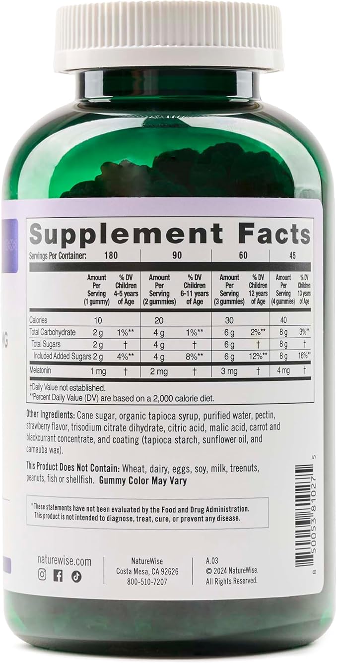Naturewise Kids Melatonin Gummies 1 mg - Drug-Free, Non-Habit Forming Sleep Aid for Children Ages 4 & Up - Strawberry Flavored Gummy Bears - Vegan, Gluten Free, Non-GMO - 180 Count[6-Month Supply]