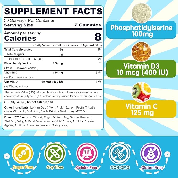 Phosphatidylserine Supplement 100mg, Focus Gummies for Kids Teens + Vitamin C & D3 400IU, Sugar Free Kids Brain Gummies Increase Attention & Concentration, Chewable, Vegan, Gluten Free, Non-GMO 2 Pack