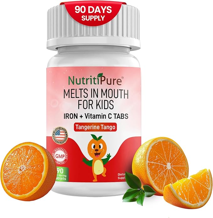 NutriPure Kids Chewable Iron Supplement, Ferronyl® Carbonyl Iron 9 mg, Vitamin C 30 mg, Tangerine Tango Orange Flavor, 90 Count