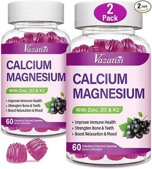 Calcium Magnesium Zinc Gummies with Vitamin D3 and K2, High Absorption Magnesium Glycinate Potassium for Immune and Muscles, Vegan Elderberry Flavor 120 Gummies