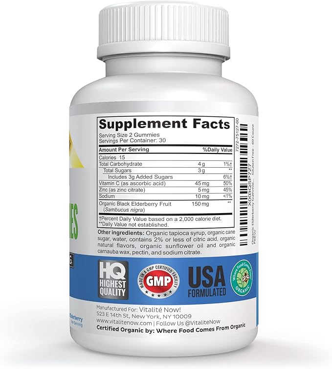 Organic Elderberry Gummies - USDA Certified - Vitamin C & Zinc - Chewable Sambucus - Immune System Support - Vegetarian & Vegan - Raspberry Flavored - Gluten Free - Non-GMO - 60 Count