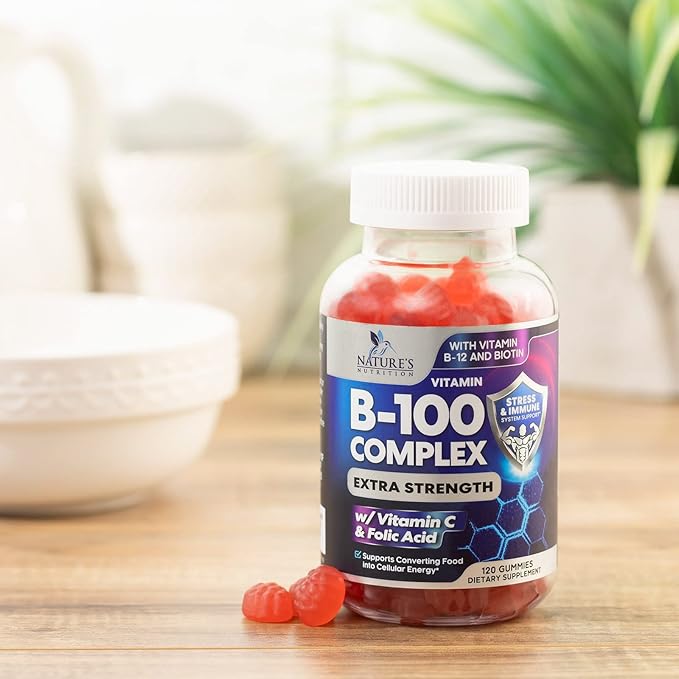B Complex Gummy with Vitamin C & Folic Acid, Extra Strength Vitamin B Gummies Supplement with Niacin, B6, Folic Acid, Super B12, Biotin, Nature's Energy Immune Support Supplements - 120 Gummies