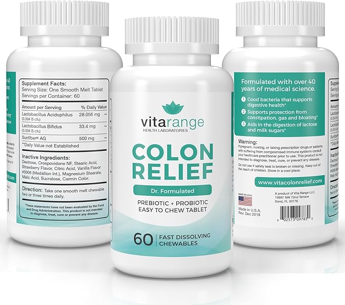 Colon Relief by VitaRange- Fast Constipation and Bloating Relief with Sunfiber Prebiotic Fiber and Pre + Probiotics for Digestive Health - 60 Chewable Strawberry Tablets – Doctor Formulated Probiotics