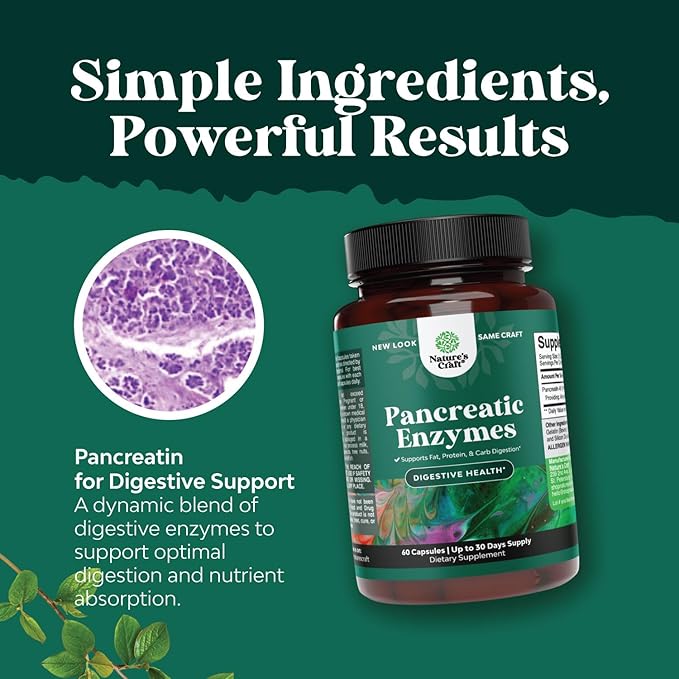 Pancreatin Digestive Enzymes for Digestive Health - Pancreatic Enzymes for Humans with Fat Carb and Protein Digestive Enzymes for Women and Men - Protease Amylase & Lipase Enzymes for Digestion - 60ct