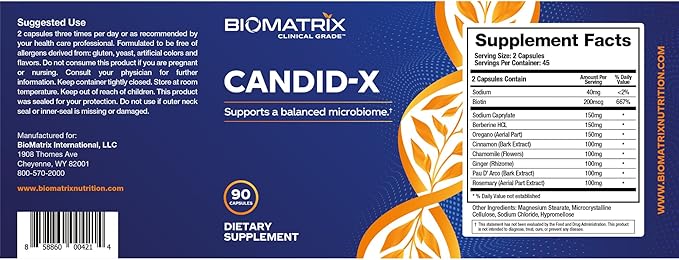 BioMatrix Candid-X Gut Cleanse with Berberine, Oregano, Sodium Caprylate, Chamomile, Ginger, PAU D'arco, Digestive Supplement for Men and Women | 90 Capsules