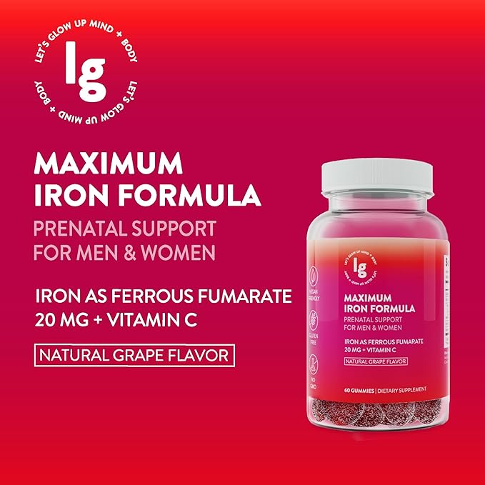 Maximum Iron Formula Iron Supplement Gummies, Vegan Iron Gummies, High Potency Iron Gummies for Women and Men with Vitamin C, Chewable Iron, Vitamin C for Adults, 20mg Iron, Natural Grape Flavor