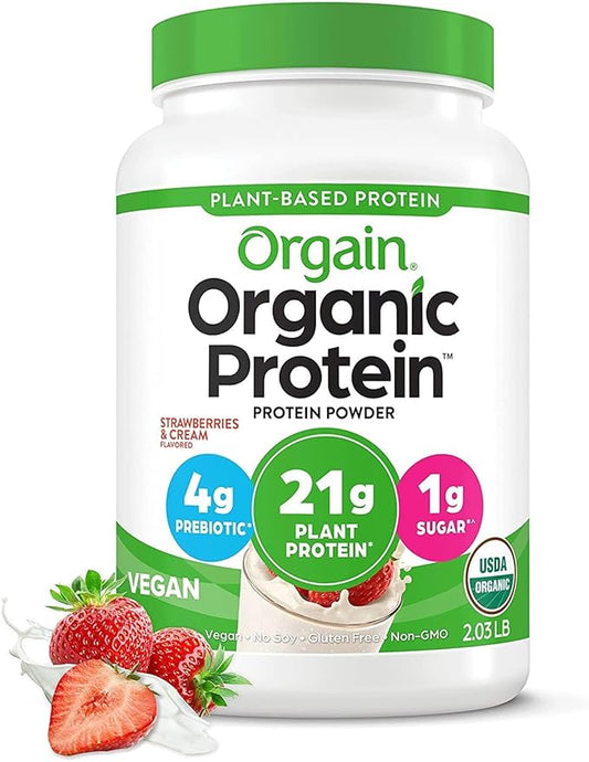 Orgain Organic Vegan Protein Powder, Strawberries & Cream - 21g of Plant Based Protein, Low Net Carbs, Gluten/ Lactose Free, No Sugar Added, Soy Free, Non-GMO, 2.03 Lb