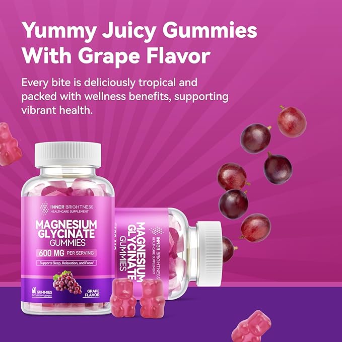 Magnesium Glycinate Gummies 600mg, Non-GMO, Gluten-Free, Magnesium Gummies for Adults & Kids, Sleep, Relaxation & Focus, Grape Flavor, 60 Count