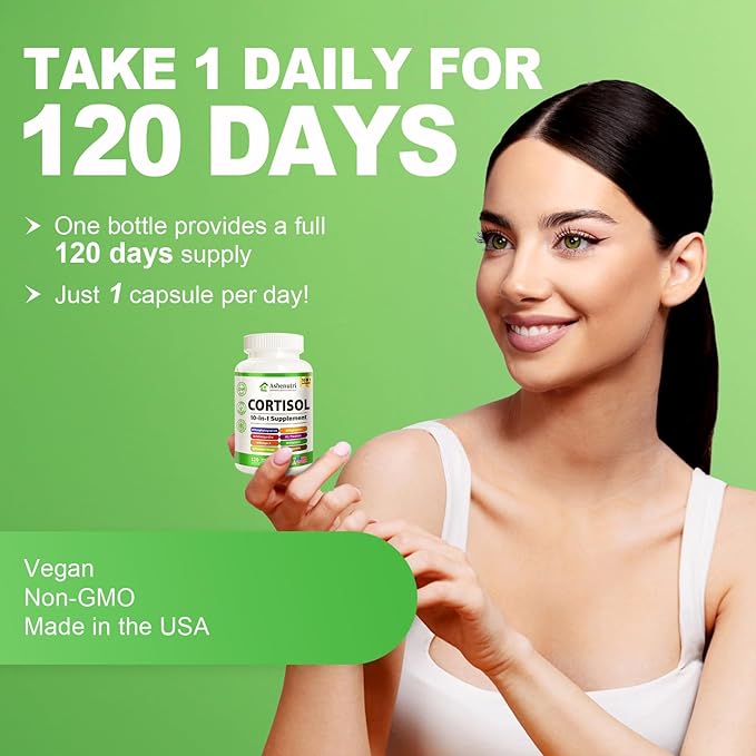 10-in-1 Cortisol Supplement with Magnesium,Ashwagandha,Rhodiola Rosea,L Theanine,Hormone Balance for Women 120 Vegan Capsules