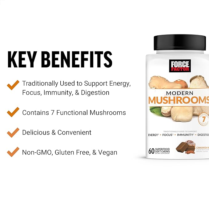 FORCE FACTOR Modern Mushrooms Soft Chews, Mushroom Supplement with Lions Mane, Turkey Tail, & Cordyceps to Support Energy, Immunity, & Digestion, Cinnamon Roll, 180 Soft Chews, 3-Pack