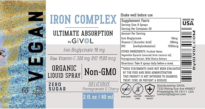 Iron Supplement - 18mg Bisglycinate Complex with Vitamin C & B12 for Energy & Immunity Boost, Vegan Liquid Spray, Optimal Absorption - Non-GMO, Sugar-Free, (60 ml) 60 Days Supply