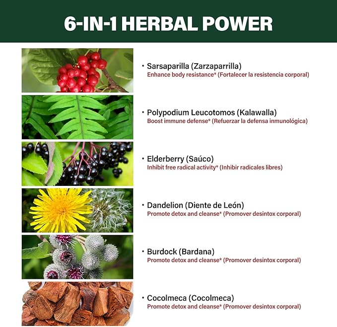 Sarsaparilla Root Extract Drops for Liver Cleanse Detox & Repair, Immune Support Supplement with Dandelion Cocolmeca Polypodium Leucotomos. Diente de Leon para Limpieza de Colon y Desintoxicar. 2oz