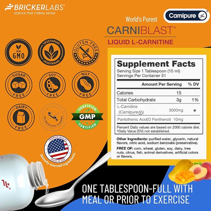 CARNIBLAST Liquid L-Carnitine 3000mg, Premium L Carnitine Carnipure, Sports Nutrition, Energy Supplement and Energy Booster, Peach Mango 16 fl oz