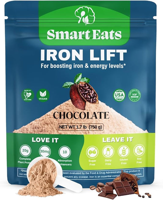 Smart Eats - High Iron Drink & Smoothie Powder with Protein, Vitamins, Fiber, Antioxidants | Support Energy, Hair, Brain, Blood | Gentle, Non-Constipating | Vegan, Keto | Chocolate Flavor | 30 Scoops