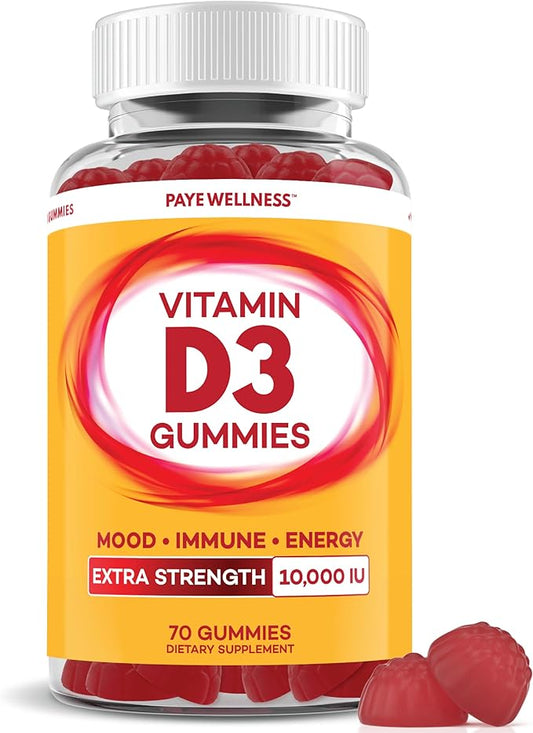 PAYÉ Vitamin D Gummies, D3, 10,000 IU (250 mcg) per Serving, Dietary Supplement for Bone, Teeth, Muscle and Immune Health Support Kids and Adults* - 70 Count