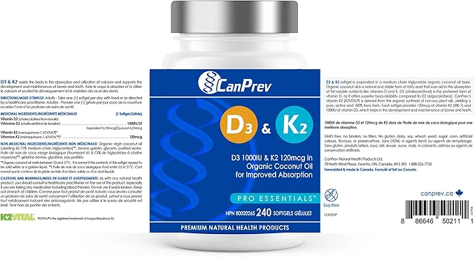 CanPrev D3 & K2 Vitamins 240 Softgels, 240-Day Supply, 1000IU Vitamin D3 & 120mcg K2, Supports Strong Bones, Teeth & Heart Wellness, Easy-to-Absorb with Organic Coconut Oil, No GMO, Gluten, Soy, Dairy
