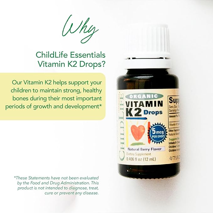 CHILDLIFE Essentials Organic Vitamin K2 Drops - Infant Toddler Baby Vitamin K, K2 Supplement, Vitamin K2 MK7, Liquid K2, Vitamin K Drops - Natural Berry Flavor, 0.25 Fl Oz (Pack of 1)