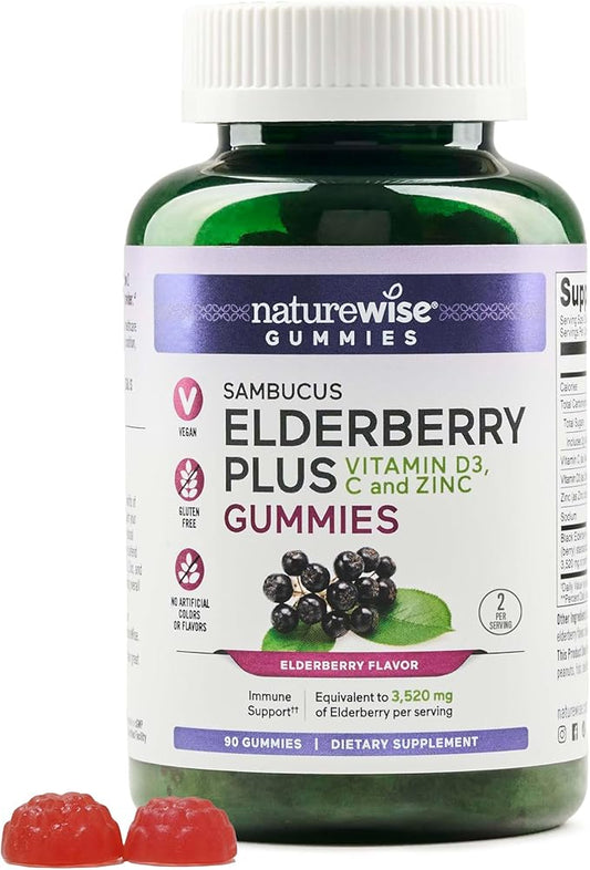 NatureWise Sambucus Elderberry Gummies - Immune Support Supplement for Kids Ages 4+ & Adults with Vitamin C, D3, Zinc - Elderberries Equivalent to 3520mg - Vegan, Non-GMO - 90 Count[45-Day Supply]