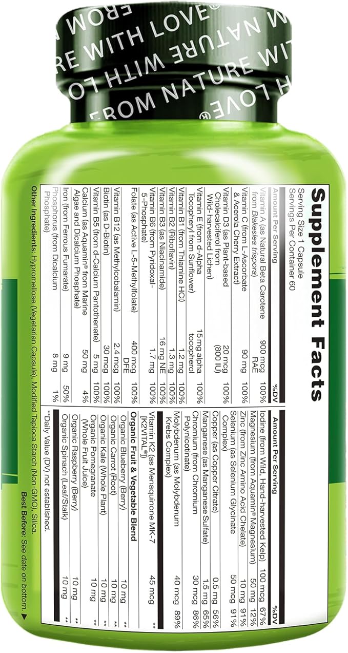 NATURELO One Daily Multivitamin for Women - Energy Support - Whole Food Supplement to Nourish Hair, Skin, Nails - Non-GMO - No Soy - Gluten Free - 60 Capsules - 2 Month Supply