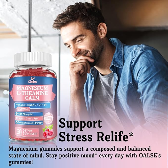 Magnesium Gummies with 2000mg Magnesium, Plus L-Theanine, Zinc, Vitamin D, B1,B6 for Adults and Kids, Stress & Muscle Relief, Sugar Free，Raspberry (60 Counts)