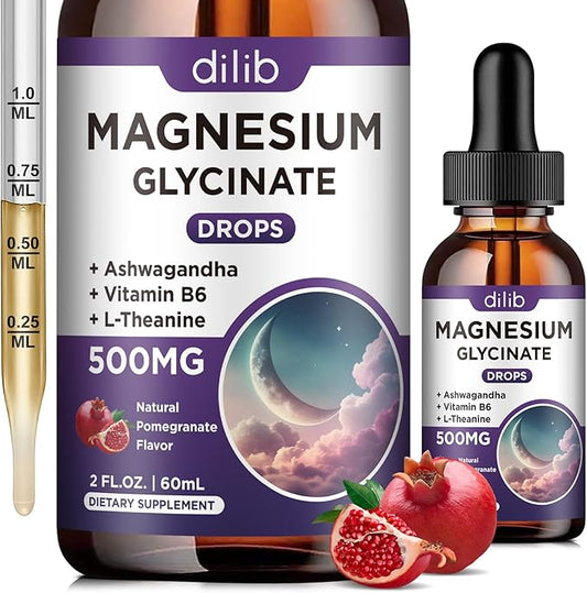 Magnesium Glycinate Liquid Drops 500mg, with Vitamin B6, Ashwagandha, L - Theanine, Chamomile, Magnesium Glycinate Supplement High Absorption for Sleep, Stress, Energy, Mood - Pomegranate Flavor