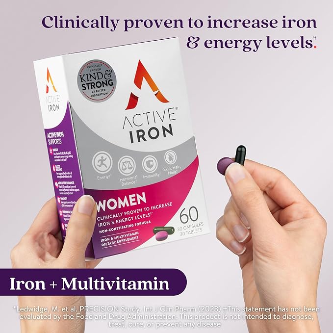 Active Iron Supplement for Women, Non-Constipating, 30 Active Iron Ferrous Sulphate Capsules with 30 Women's Multivitamin Tablets, Clinically Proven to Increase Iron & Energy Levels