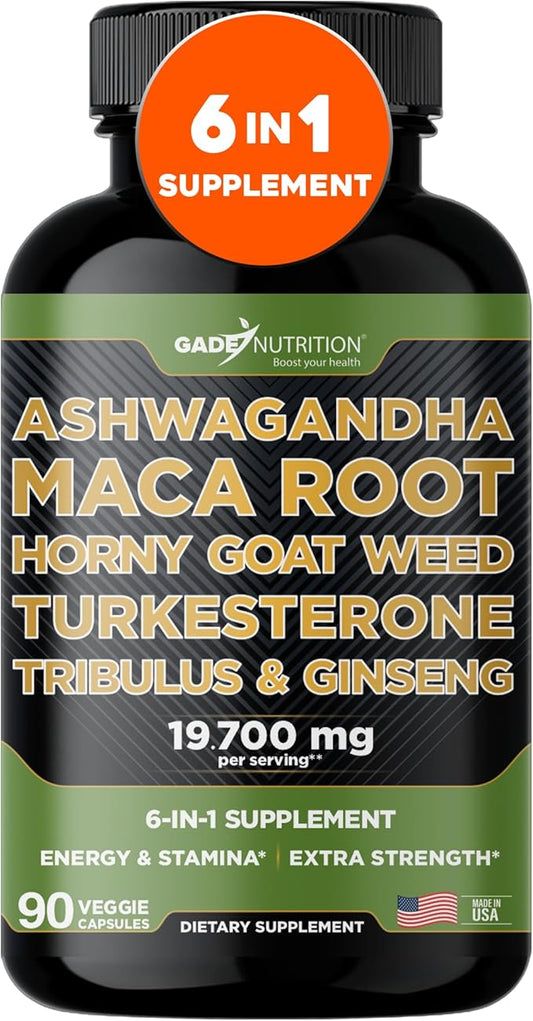 Ashwagandha - Maca Root - Horny Goat Weed - Turkesterone - Tribulus - Ginseng, 90 Capsules - Made in USA