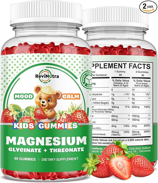 Magnesium Complex Gummies- Calm Chewable Gummies for Kids & Adults- Magnesium Glycinate, Threonate Supplement-w/Omega-3, Vitamin B6, D3- Support Calm Stress Relief, Bones, Mood, 2 Pack