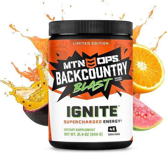 MTN OPS Ignite Energy Drink Powder | Gluten Free Nitric Oxide Supplement Drink Mix | L Arginine, L Citrulline, Caffeine & Nootropic Sugar Free Drink Mix | 45 Servings, Backcountry Blast