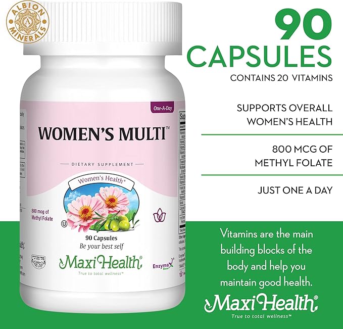 Maxi Health Women's Daily Multivitamin Biotin, Vitamins A B C D E, Calcium, Zinc, Lutein, Magnesium, Folate and More. Supports Gut Health for Women. Natural, Non-GMO, Gluten Free & Dairy Free Kosher