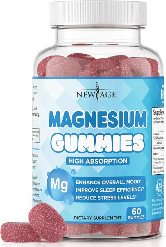 Magnesium Gummies - Calming Anti-Stress Gummies, Magnesium Supplement for Adults and Kids, Vegan, Gelatin-Free, Gluten-Free, Non-GMO, Delicious Natural Raspberry Flavor- 60 Count - by New Age
