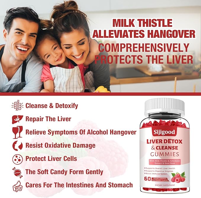 Liver Cleanse Detox and Repair Gummies - Silymarin Milk Thistle Supplement with Artichoke, Dandelion and Elderberry - Liver Support Supplement - 60 Raspberry Flavored Gummies