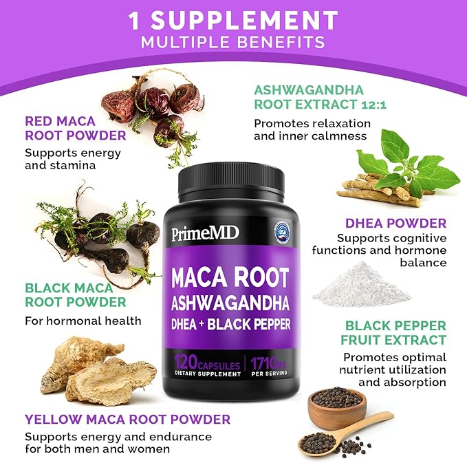 6-in-1 Organic Maca Root Ashwagandha Capsules 1710mg with DHEA and Black Pepper Fruit Extract for Women and Men - Black Maca Supplement for Stamina, Bone and Mood Support Supplement, 120 count