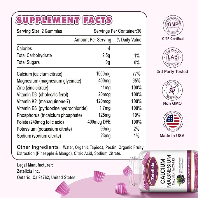 Calcium Gummies with D3, Calcium Magnesium Supplement with Glycinate,Potassium,Vitamin D3 & K2, &Whole Natural Food for Bone & Immune Support- 120 Chewable Gummy Elderberry Flavor