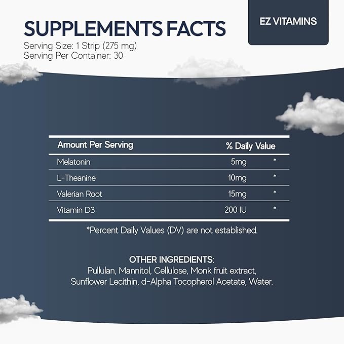 Dissolvable Oral Sleep Strips with 5mg Melatonin, Valerian Root, L-Theanine, Vitamin D3 - Sleep Support Oral Strips with Sleep Mask, Fresh Mint Flavor, No Water Needed, Works Faster Than Gummies, 30ct
