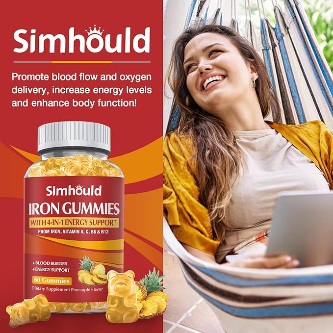 1 Pack Vegan 80MG Iron Supplement Gummies for Women & Men - Vitamin A, C, B for Adults & Kids - Blood & Builder & Energy Support for Iron Deficiency, Anemia - 60 Counts Pineapple Flavor Gummies