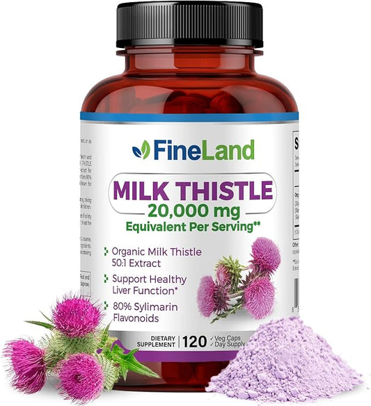 FineLand Milk Thistle 50:1 Silymarin Extract, 20,000 mg Equivalent per Capsule, Liver Cleanse & Detox Support, Antioxidant Liver Health Supplement, 120 Vegan Capsules, Non-GMO, Natural