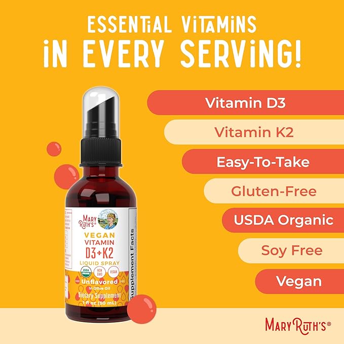 MaryRuth's Vitamin D3 | K2 | Liquid Spray | Supplement for Adults & Kids | Calcium Absorption Strong Bones | Vegan | Non-GMO | Gluten Free | 1 Fl Oz