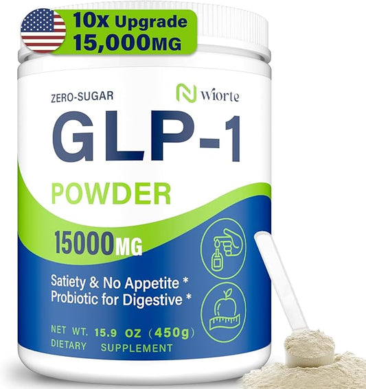 GLP-1, GLP-1 Supplement for Women & Men, 15,000mg Natural GLP 1 Powder with Akkermansia Probiotic, High Fiber for Digestive & Gut, Metabolism, Energy, GLP1 Support, 10x Upgrade GLP-1 Levels, 0 Sugar