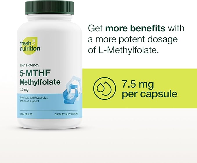 L Methylfolate 7.5mg – Maximum Potency – Superior Bioavailability – 5-MTHF Methyl Folate for Mood, Cognition, Immunity, Cardiovascular, Neurological, Reproductive Health - 60 Capsules