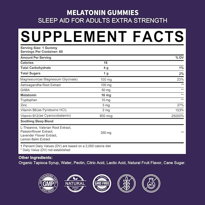 2 Pack Melatonin Gummies 10mg 20mg for Adults, Extra Strength with L-theanine, Tryptophan, B6, B12, Ashwagandha, Magnesium, GABA & Lemon Balm Extract, Supports Health Circadian Rhythm & Nervous System