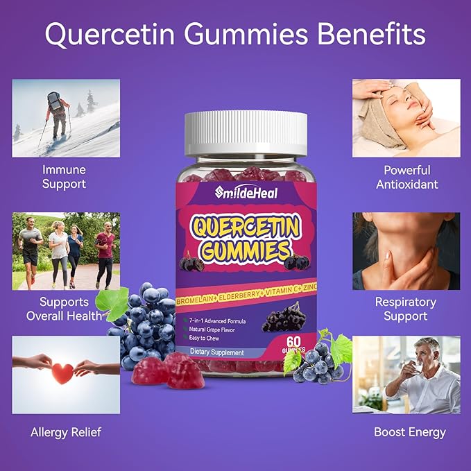 2 Pack Quercetin Gummies 1200MG, Quercetin Gummies with Bromelain, Zinc Vitamin C, Immune System Vegan Gummy for Adult & Kid, 120 Vegan