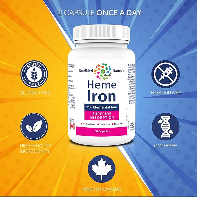 Heme Iron Supplement - 60 Capsules, 11mg Elemental Iron for Superior Absorption - Ideal Iron Supplements for Women