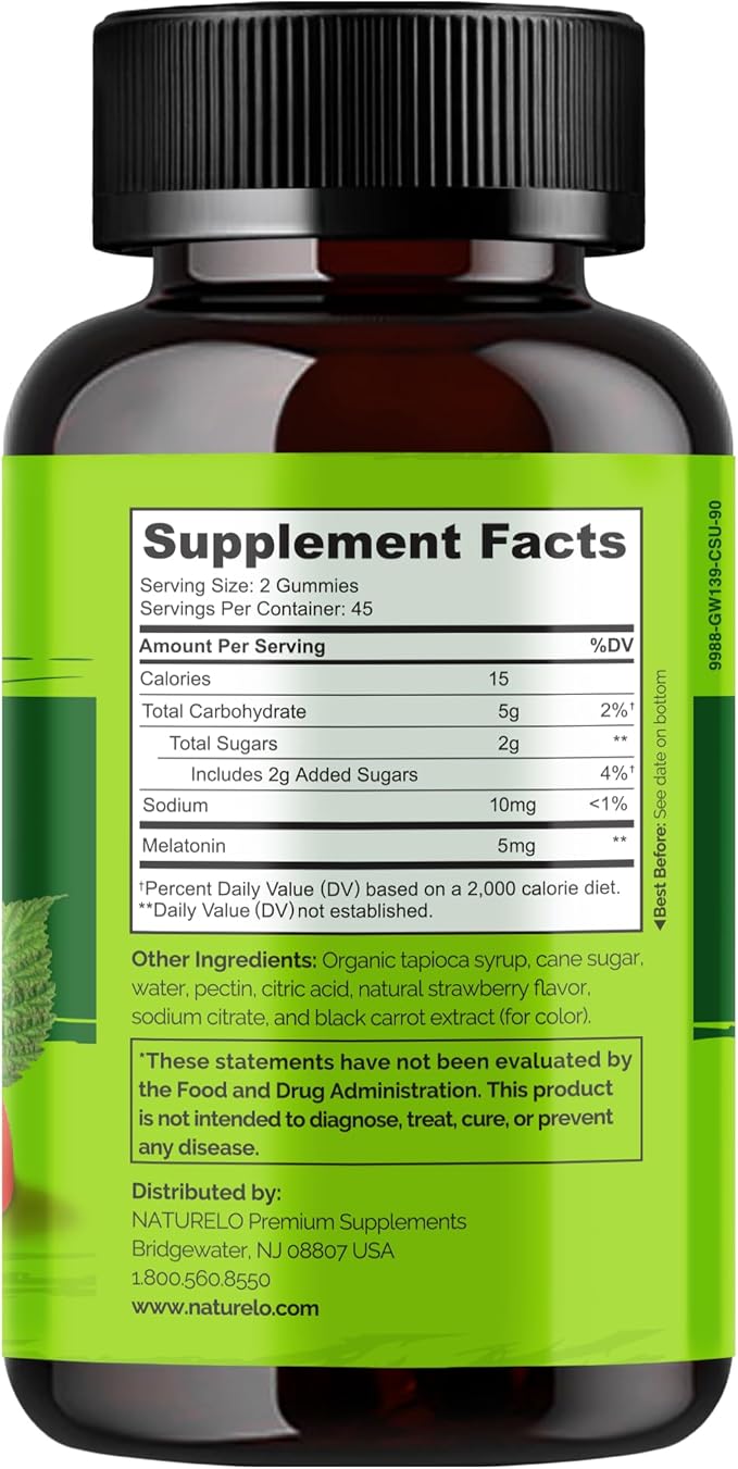 NATURELO Melatonin Gummies – Non-GMO, Gluten-Free, Soy Free - Strawberry Flavor - Gentle Sleep Supplement - 90 Vegetarian Gummies
