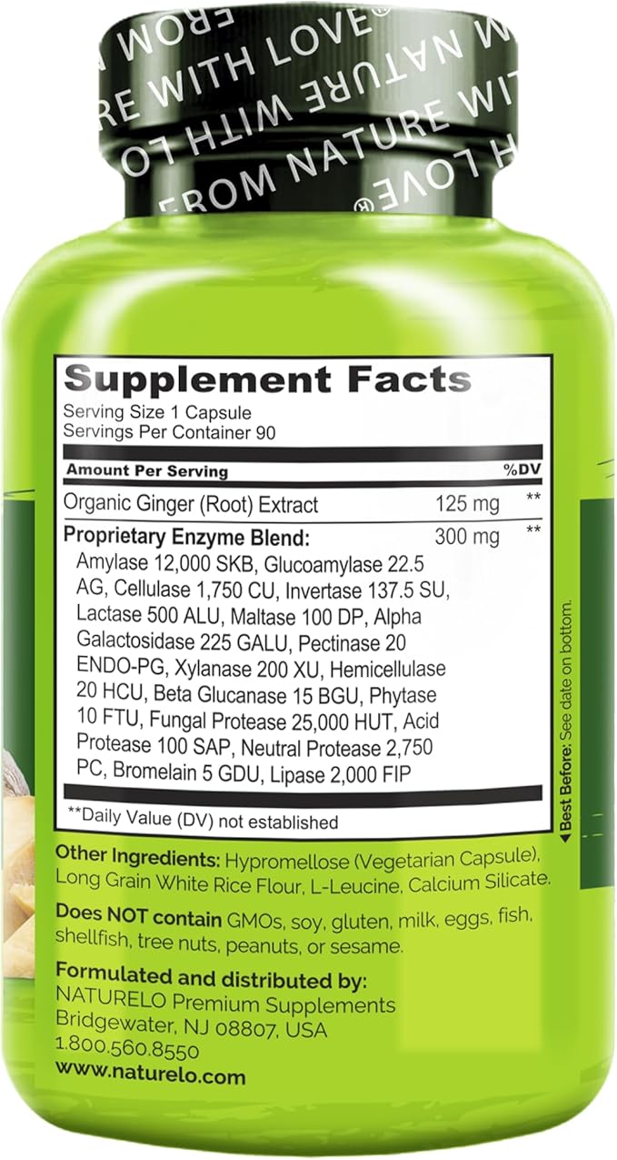 NATURELO Digestive Enzymes - Full Spectrum Support with a Broad Blend of 15 Enzymes Plus Ginger - 180 Vegan Capsules