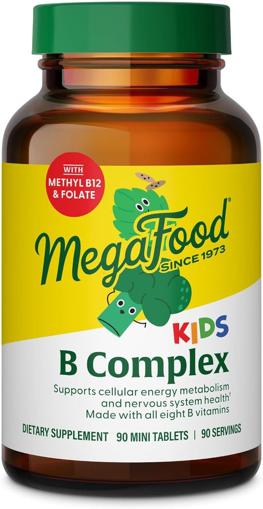 MegaFood Kids B Complex - B Complex Vitamin Supplement, 8 B Vitamins - Vitamin B6, Vitamin B12, Folate, Biotin & More, Supports Cellular Energy Production, Vegetarian, Gluten Free – 90 Mini Tablets