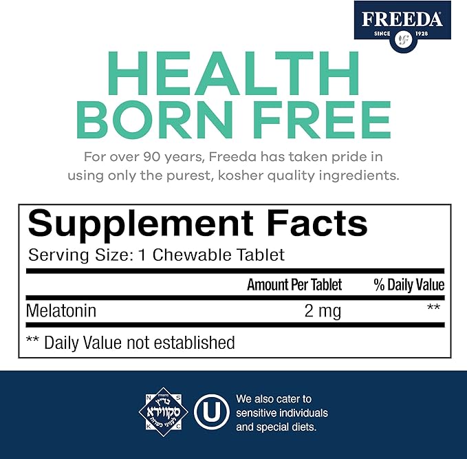 FREEDA Melatonin 2mg Sugar-Free Chewables – Natural Sleep Aid for Adults & Kids – Vegan, Kosher, Gluten-Free, Non-GMO, Easy Bedtime Support – 120 Tablets
